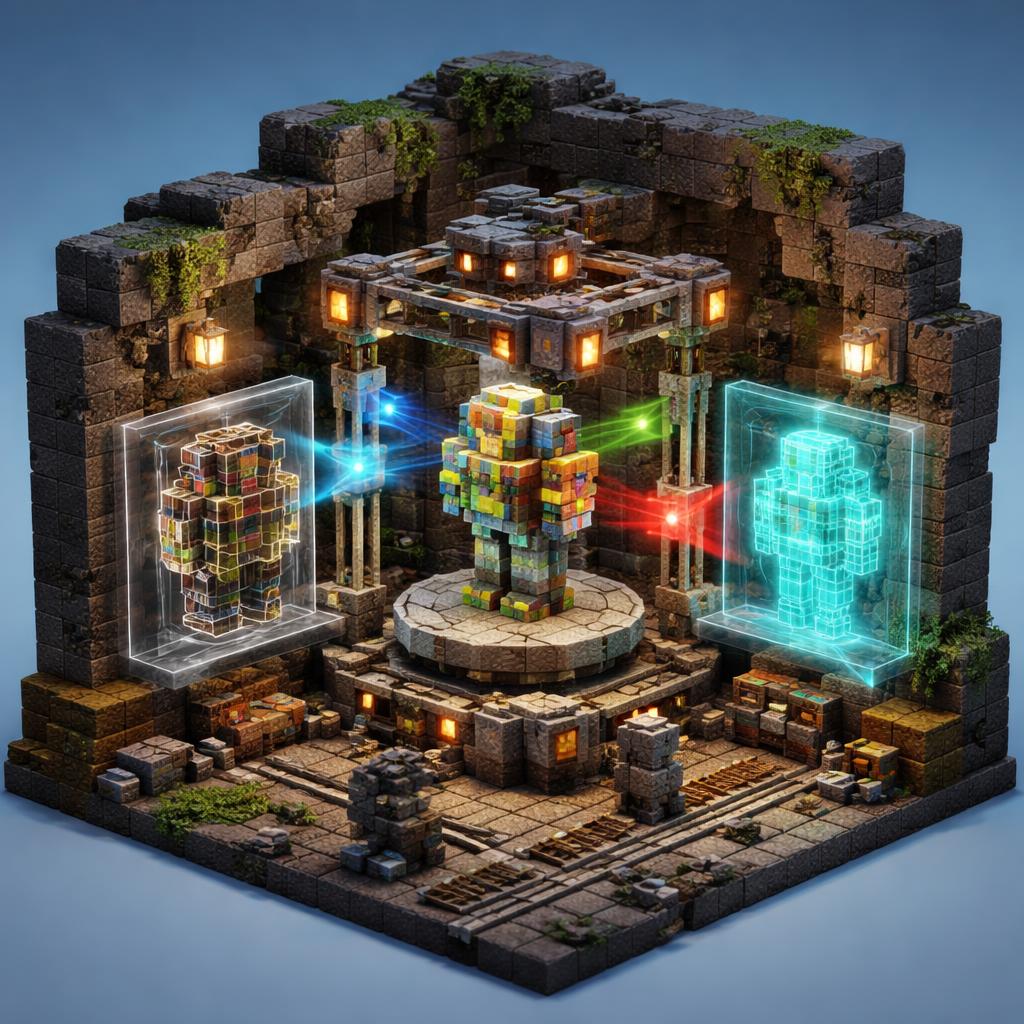 A voxel cave workshop showing a model inspection rig with scanners and a rotating platform