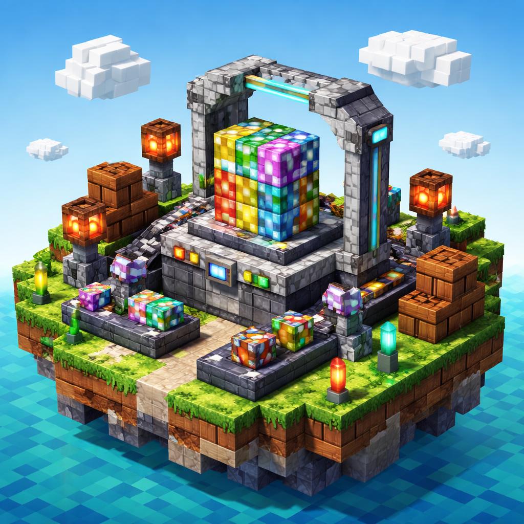 Voxel checkerboard workshop showing UV islands being inspected on a floating island