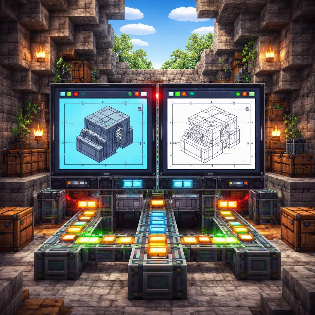 Voxel split-view lab showing a 3D solid on one side and a flat technical drawing on the other