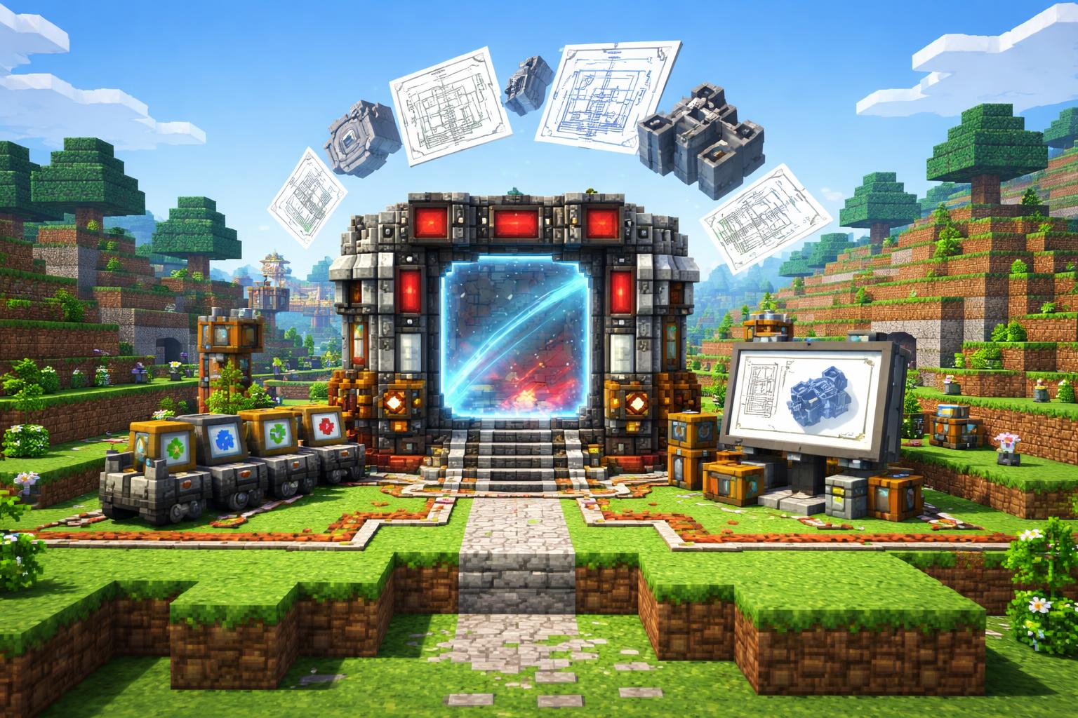 Hero banner showing a voxel CAD file gateway with 3D solids and DXF drawings transforming in a browser-like scene