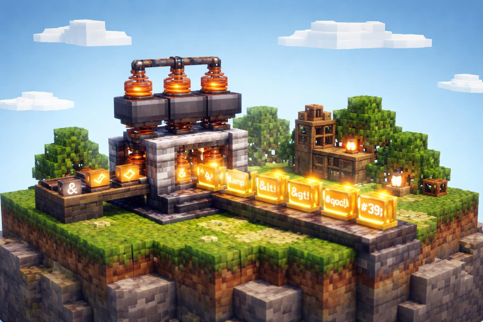 Hero banner showing a voxel encoding machine transforming unsafe characters into HTML entities