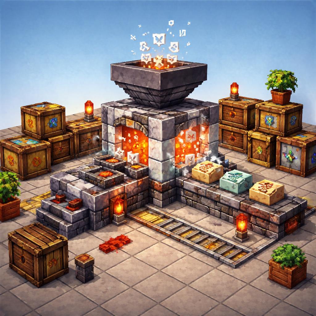 A voxel workshop with a machine converting raw symbols into safe entity blocks