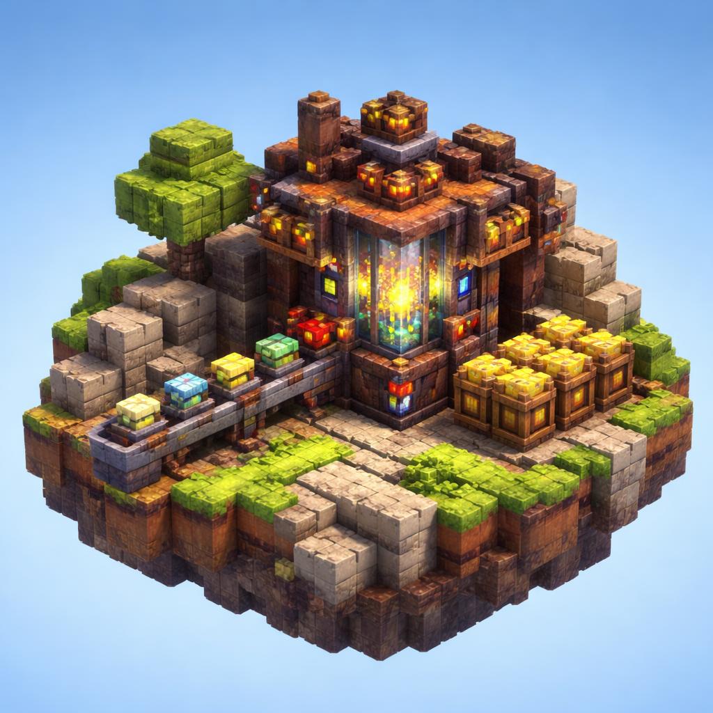 A voxel floating island where symbols ride a rail into an encoder and exit as tidy tokens