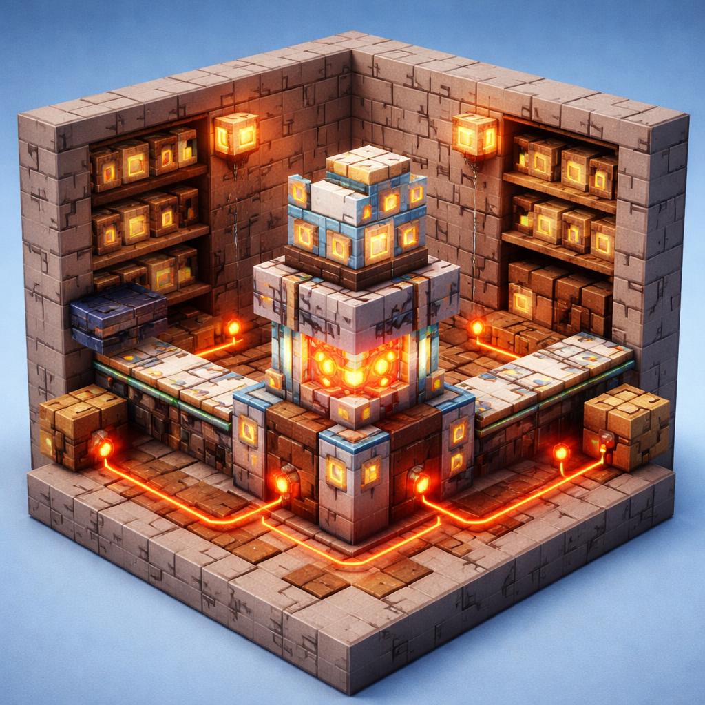 Voxel workshop showing obfuscated code being decoded into readable blocks