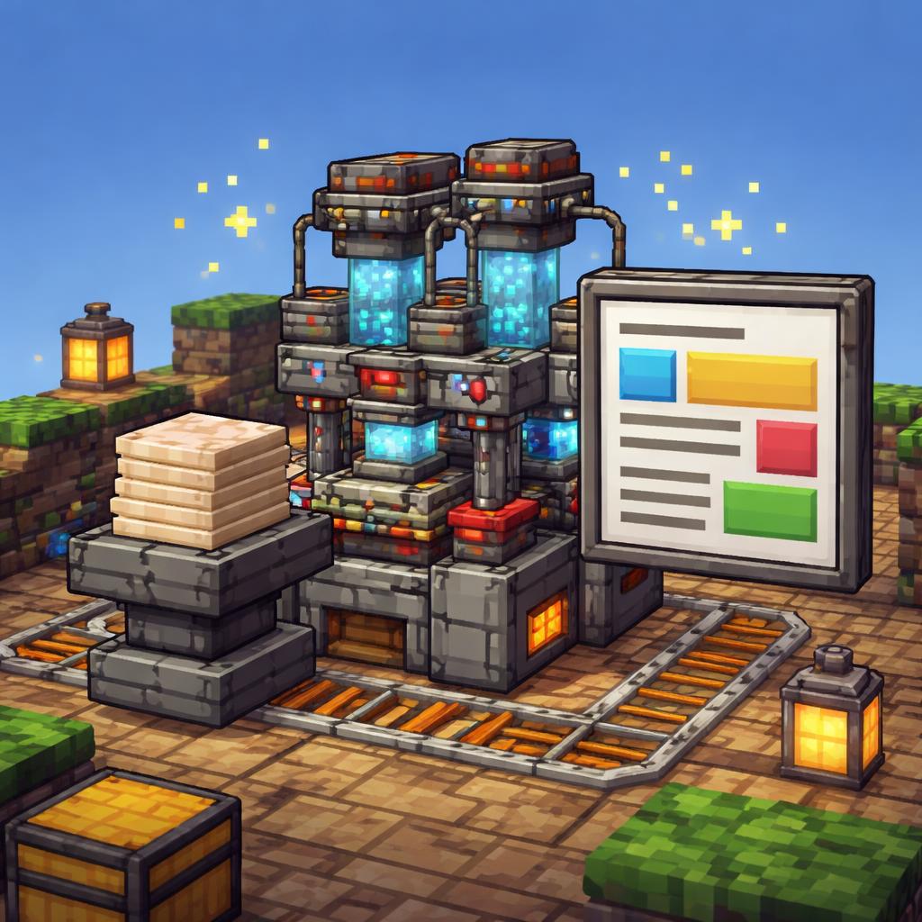 In-content illustration of a voxel workshop turning Markdown pages into a formatted HTML panel