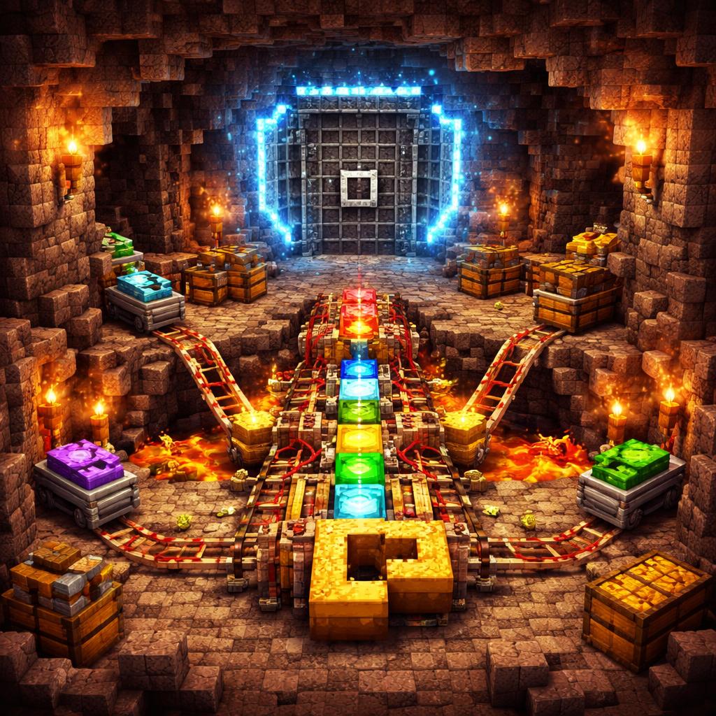 A voxel underground forge assembling secure password-like blocks from random rails and symbols