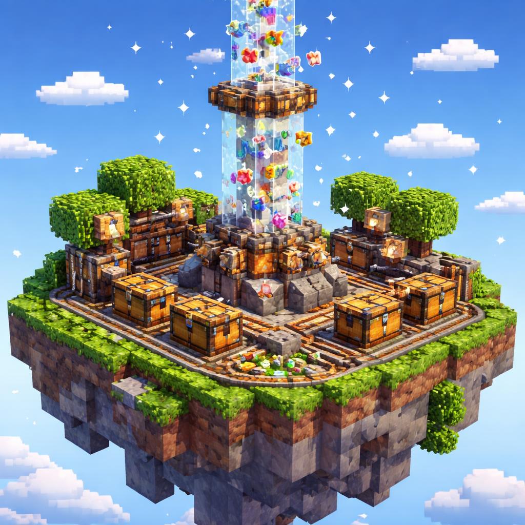 A voxel floating island producing random token-like blocks that are sorted into chests by a redstone machine