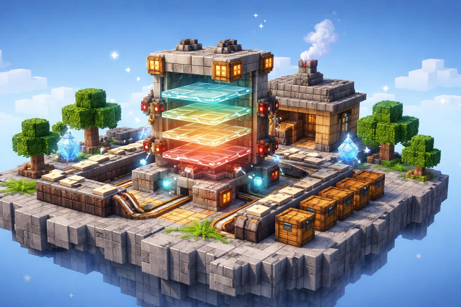 Hero banner showing a voxel PDF layer machine on a floating workshop plateau
