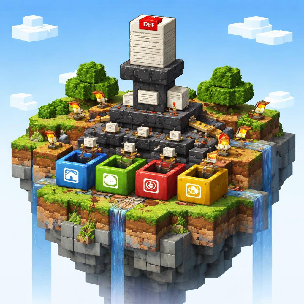 Voxel scene of a sorting machine extracting individual PDF pages into separate image crates
