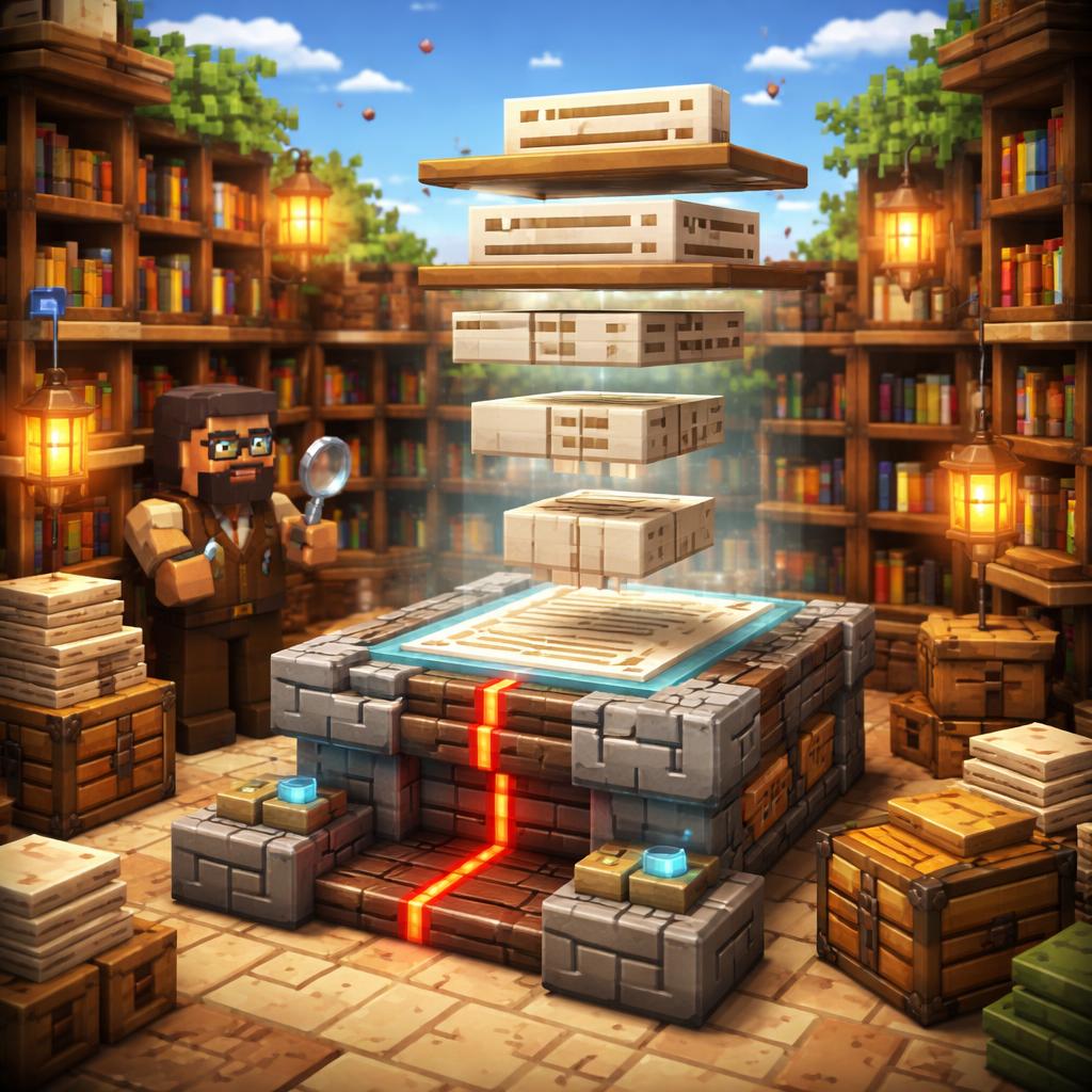 Voxel scene of a PDF structure inspector sorting headings, paragraphs, and tables