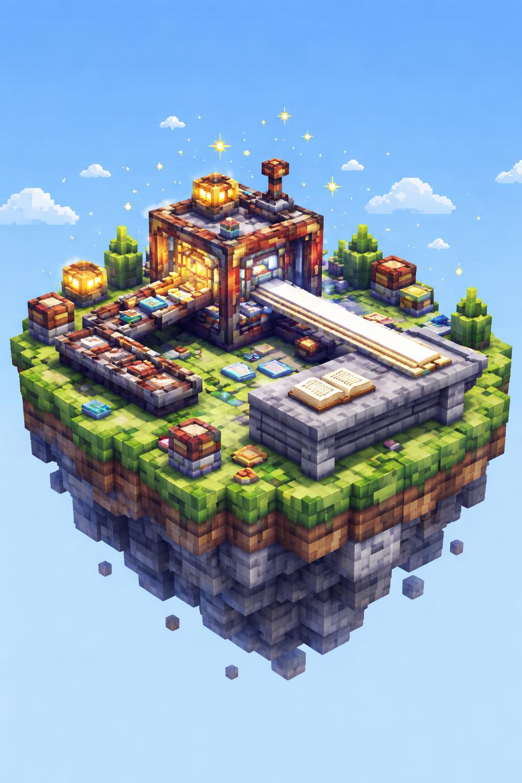 Floating island editing contraption merging scattered text into one smooth line