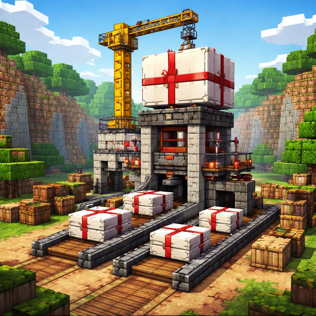 Voxel factory scene where one oversized document bundle is transformed into several smaller delivery-ready parts