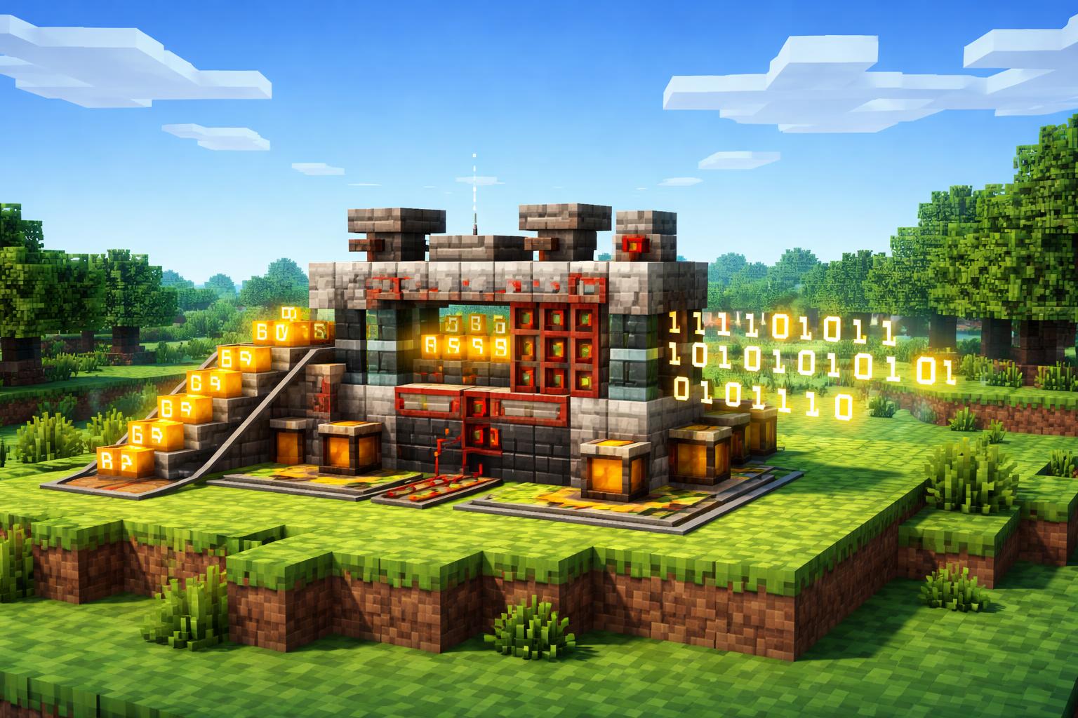 Hero banner showing a voxel machine converting letters into binary