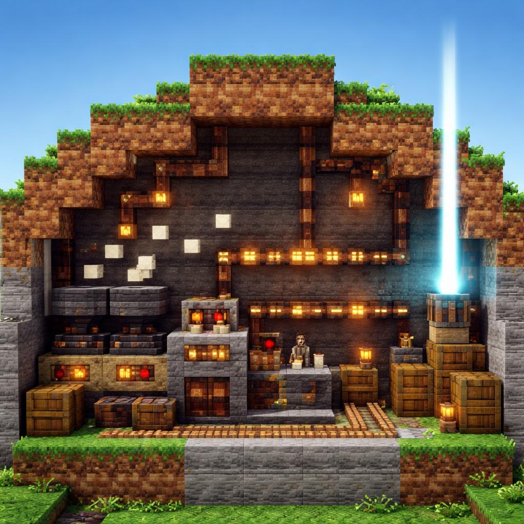 Voxel workshop scene with a Morse code encoder machine and signal lamps