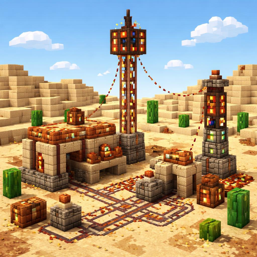 Voxel desert signal station relaying Morse pulses across a tiny communication network