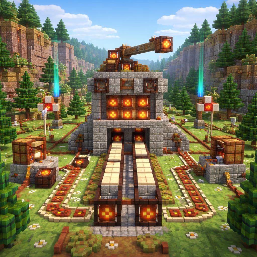 Voxel valley scene showing Morse signals traveling through a decoding tower