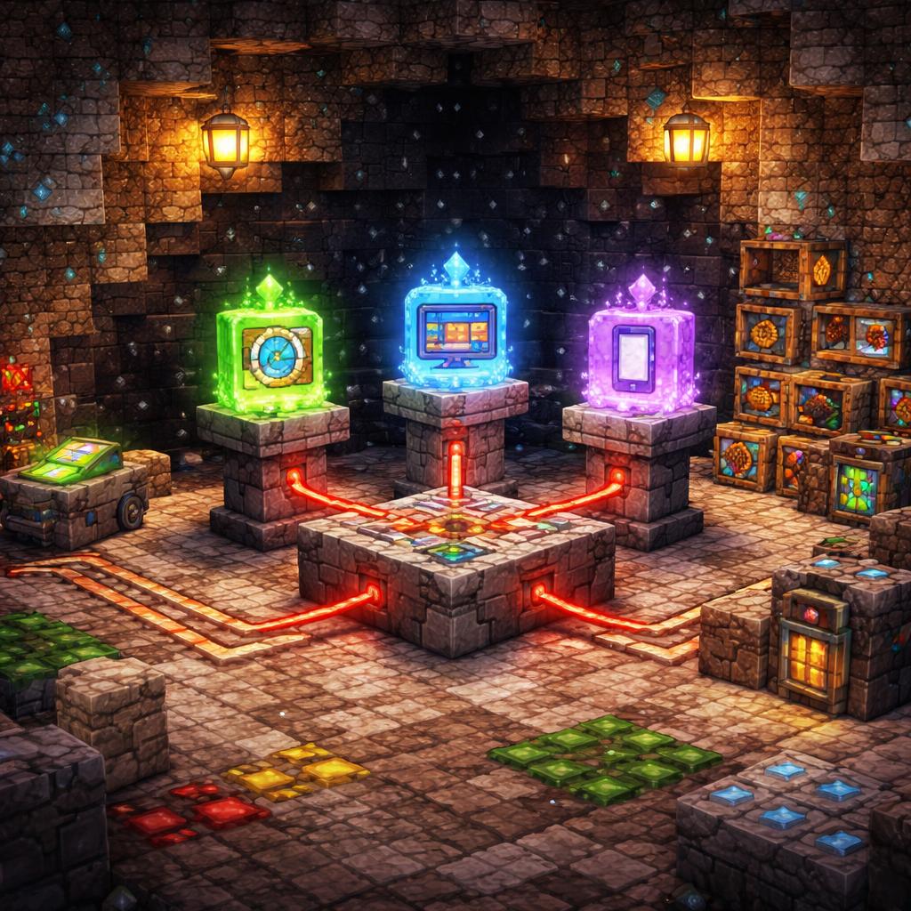 A voxel cave lab with an analyzer table turning one string into browser, OS, and device clues