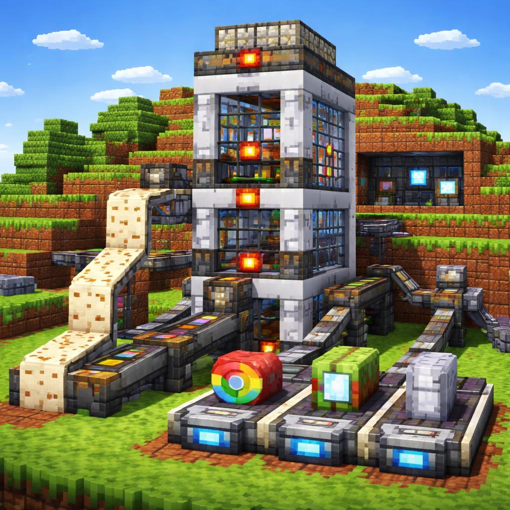 A voxel workshop machine sorting a long code strip into browser, OS, and device piles