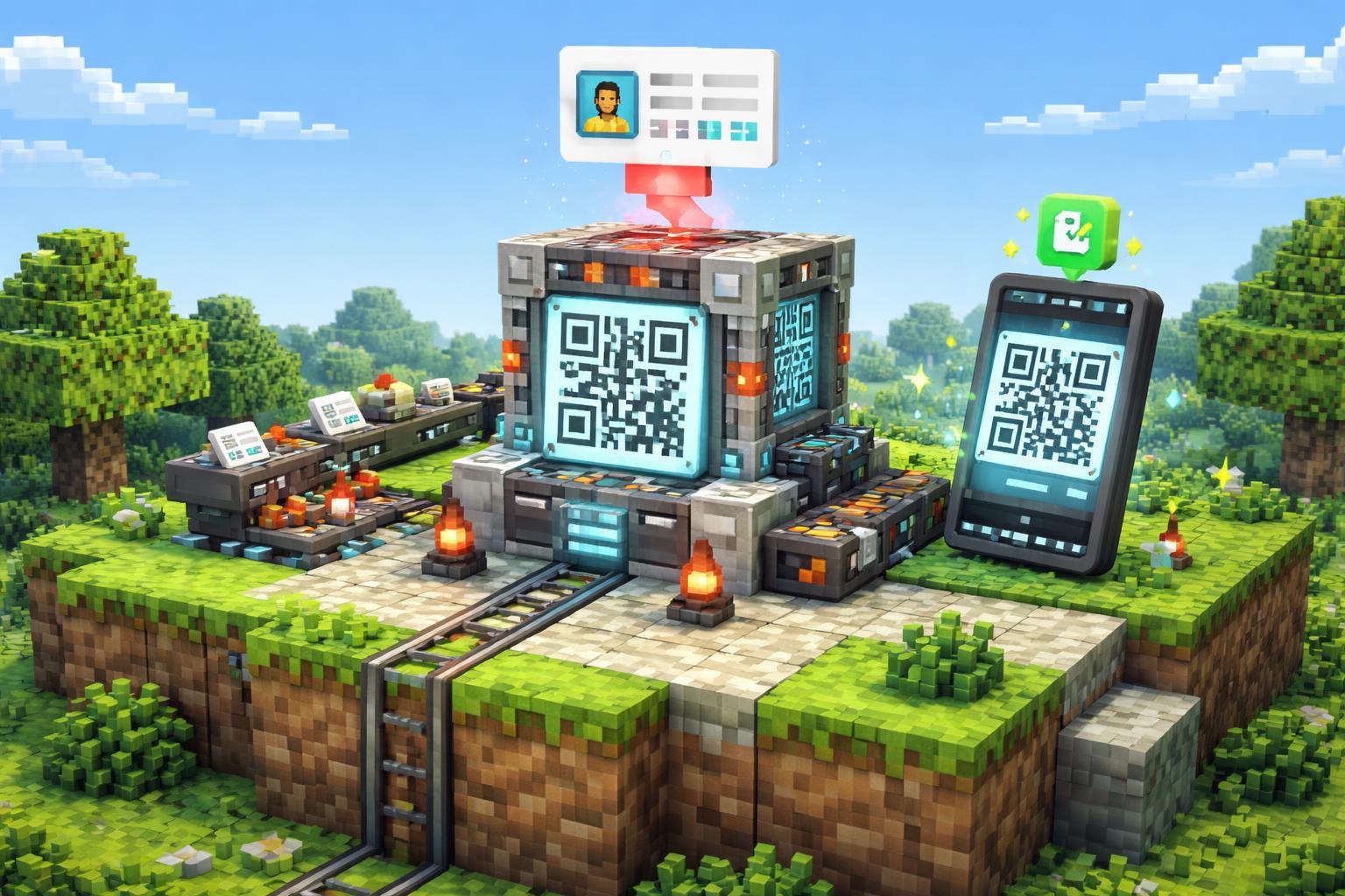 Hero banner showing a voxel machine converting contact cards into a scannable QR tile