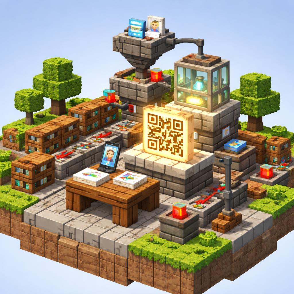 Voxel workshop scene showing a contact card being encoded into a QR plaque