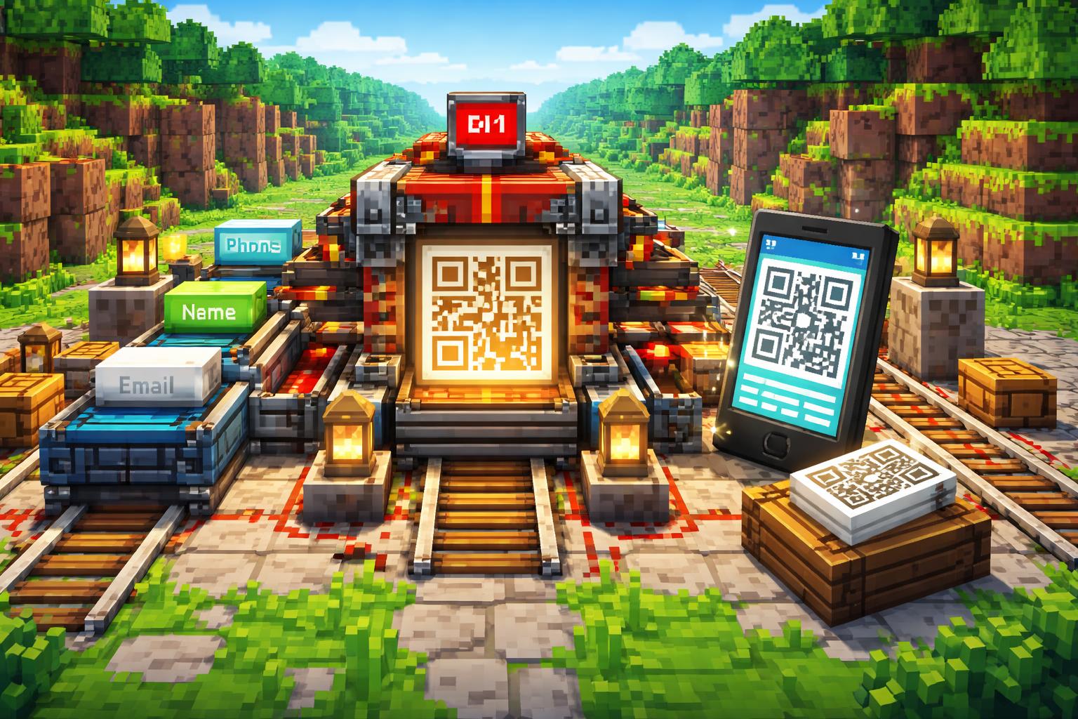 Voxel factory scene showing contact data flowing through a redstone machine into a shared QR plaque